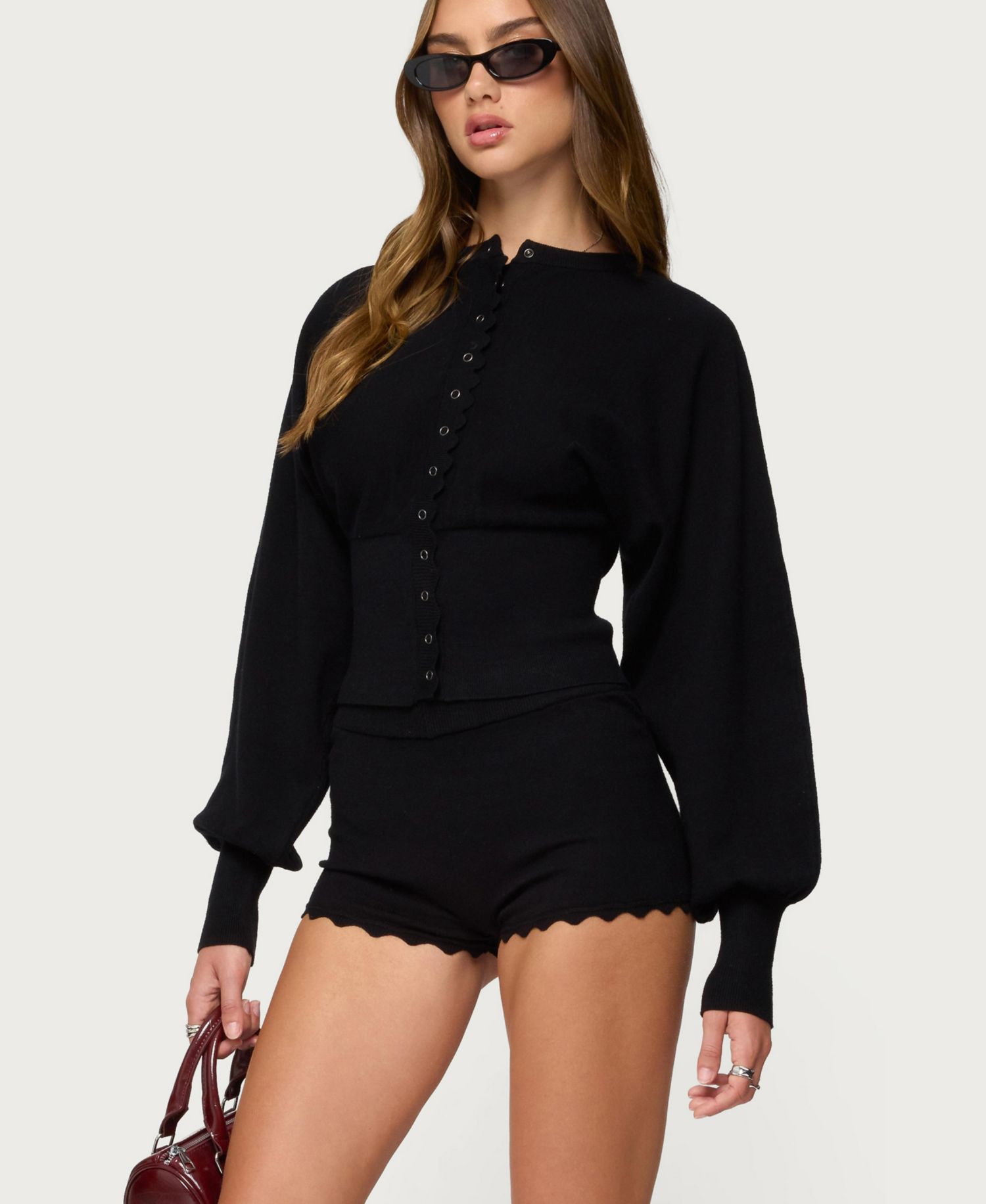 Women's Maizy Puff Sleeve Scalloped Knit Cardigan