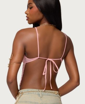Women's Beaded Mesh Asymmetric Backless Top
