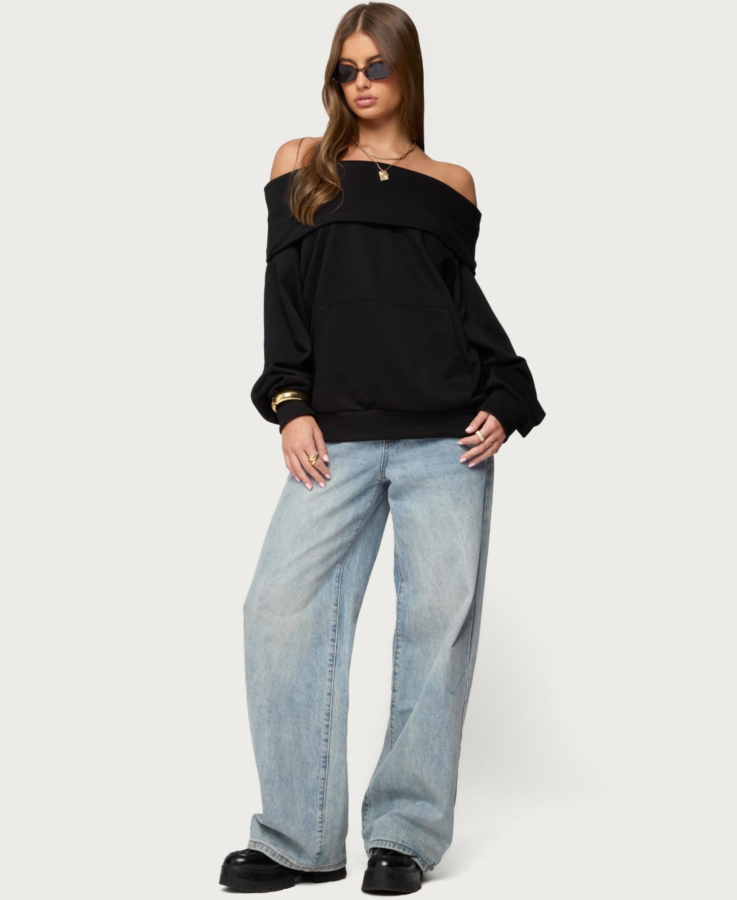 Женский свитшот Edikted Ashlee Oversized Foldover, цвет: Чёрный — фото 5
