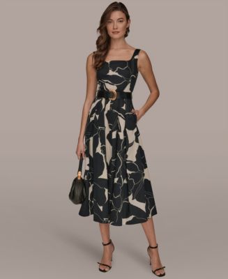 Donna Karan Women's Sleeveless Square Neck Floral A-Line Midi Dress - Black/Parchment - 14