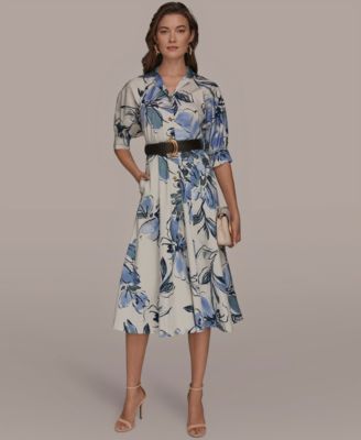 Women's Spread Collar Floral Midi Shirt Dress