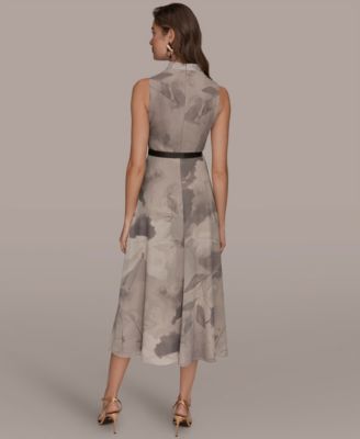 Women's Sleeveless Cowl Neck Floral Print Belted A-Line Midi Dress