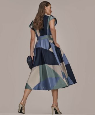 Women's Cap-Sleeve Spread Collar Geometric Colorblock Midi Shirt Dress