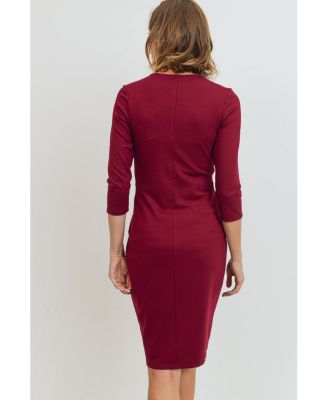 Maternity 3/4 Sleeve Round Neck Front Pleat Dress