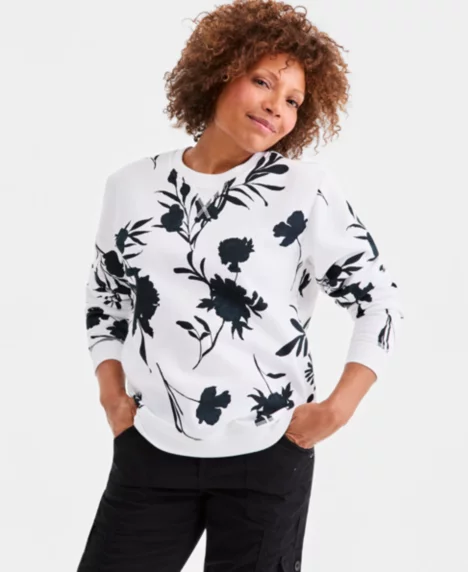 Petite Crewneck Sweatshirt - White Black Floral