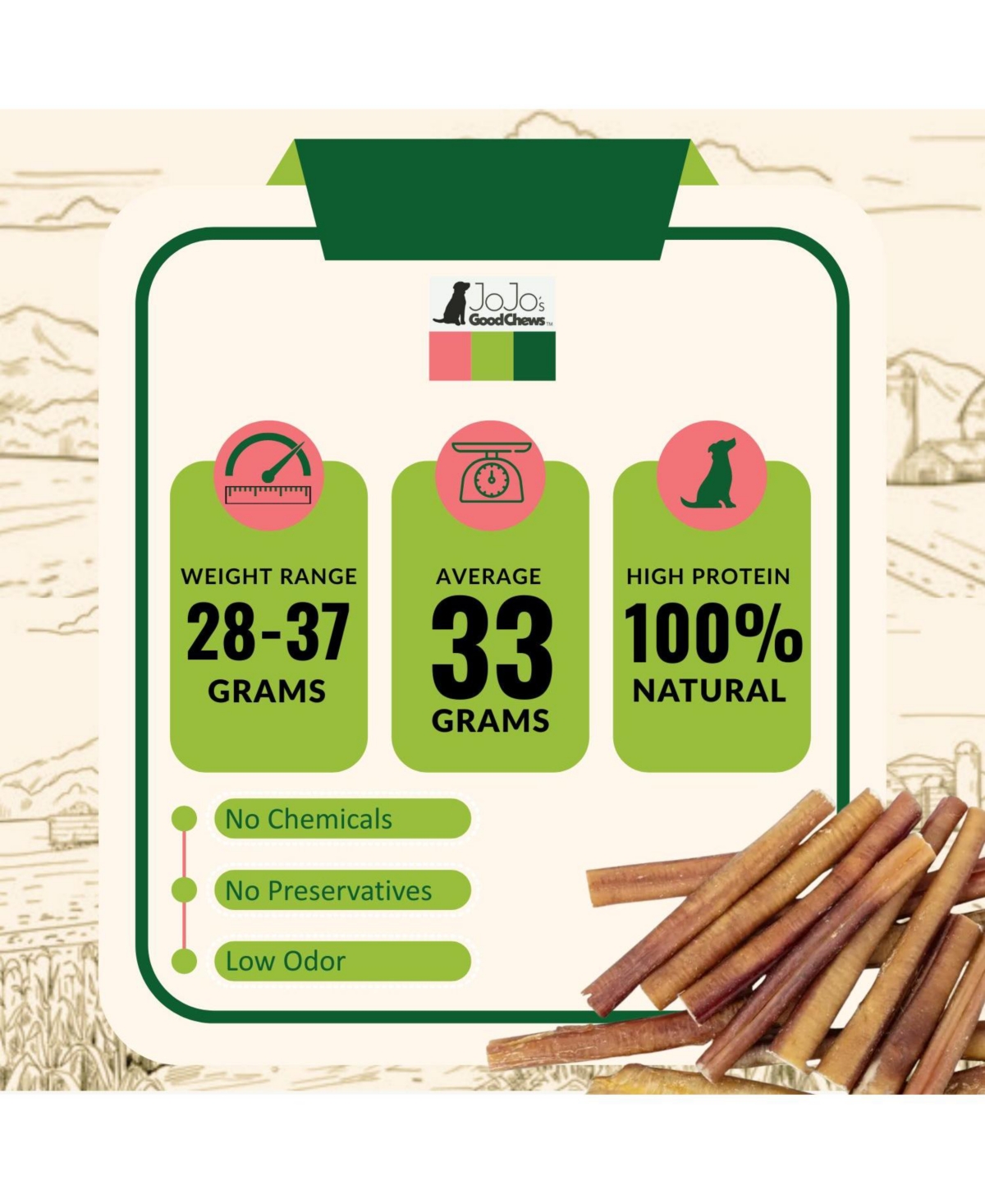 JoJo Modern Pets All-Natural Beef Bully Stick Dog Treats, Premium Snack, High Protein & Long-Lasting Chews – 6" Thick (3-Pack)