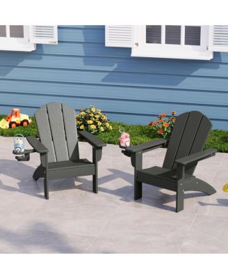 Kids Outdoor HDPE Plastic Adirondack Patio Chairs with Cup Holders (Set of 2)