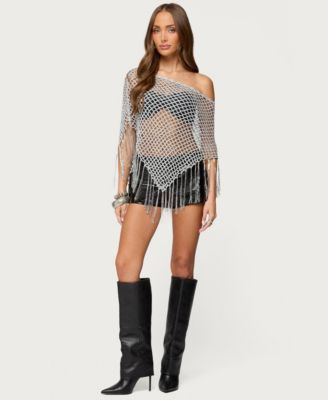Women's Evette Fringe Open Knit Metallic Poncho
