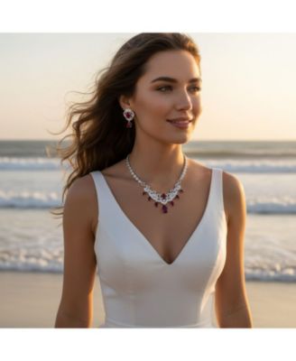 Art Deco Style Ruby Red CZ Cubic Zirconia Statement Bib Necklace and Teardrop Earrings Jewelry Set