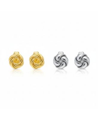Classic Set of 2 Love Knot Ball Silver Braided Edge & Gold Plated Twisted Rope Stud Earrings Sterling Silver