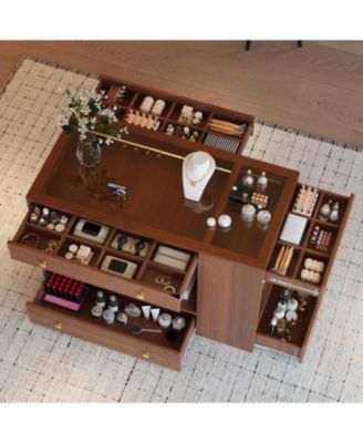 Walnut Closet Island with Drawers, Glass Top, Shelves & Jewelry Storage