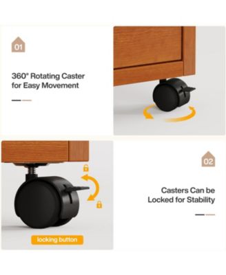 Slim Vertical Tower Unit with Wheels, Tall Narrow Wood Organizer Tower, Walnut Brown