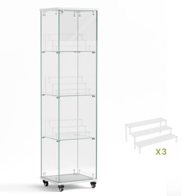 4 Tier Glass Display Cabinet with Lock, Wheels, and Acrylic Shelves