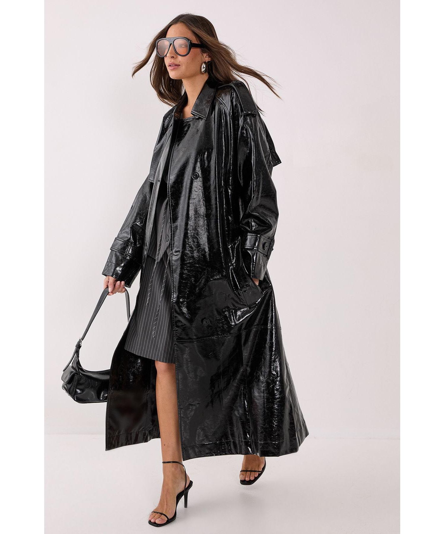 Women's High Shine Faux Leather Trench Coat