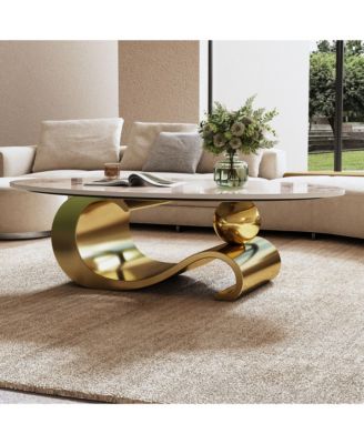 49" Faux Marble Oval Coffee Table, Gold Base