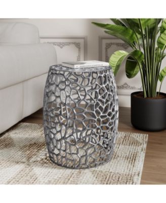 Aluminum Drum End Table with Intricate Design-Silver Nickel