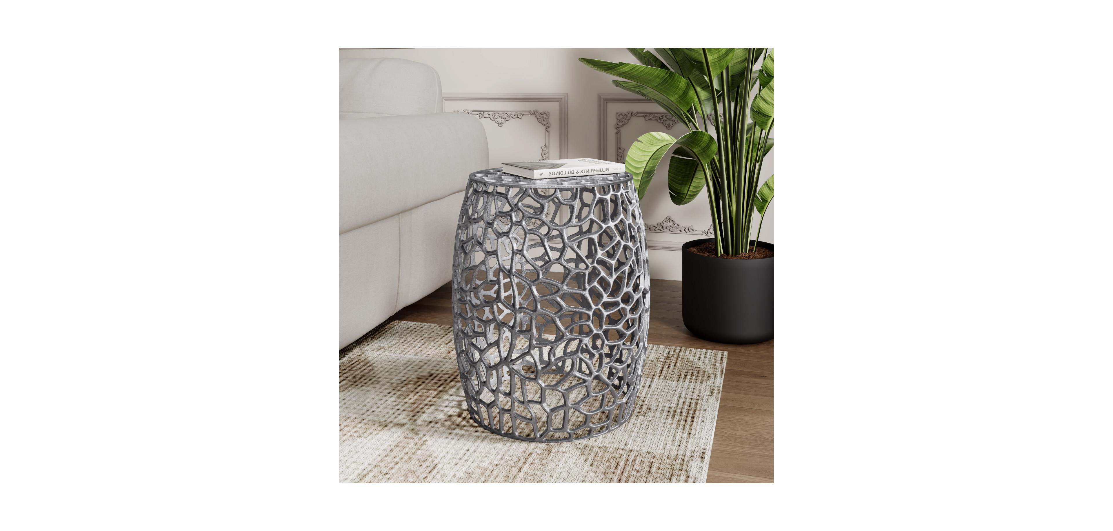 Streamdale Furniture Aluminum Drum End Table with Intricate Design-Silver Nickel