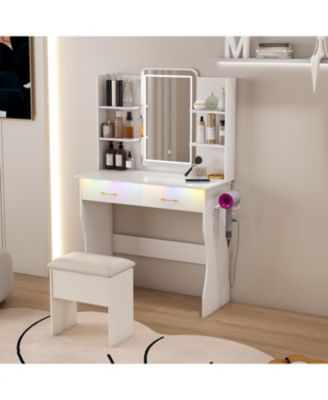 Vanity Desk with LED Lights Mirror, Power Outlet, Drawers & Chair - White