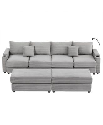 123" Modern Sectional Sofa w/ Storage, Ottomans, USB, Cup & Phone Holders - Grey
