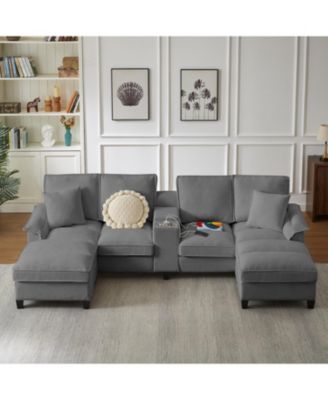 120" Corduroy Sectional Sofa Bed w/Storage, U-Shape, 4-Seater, Cup Holders