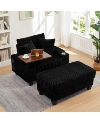 Corduroy Sofa Bed with Ottoman, Bluetooth, USB, Rotating Table