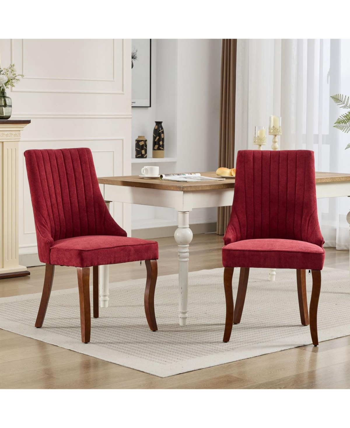 Streamdale Furniture Streamdale Wine Red Flocked Linen Dining Chairs, Set of 2