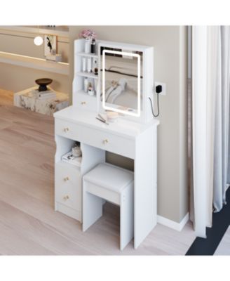 + 3-Piece Set + Wood + LED Mirror + Vanity Table