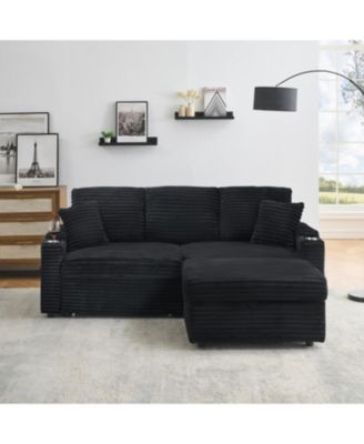  80" Corduroy Sofa with Reclining, Cup Holders & Removable Footstool, Black