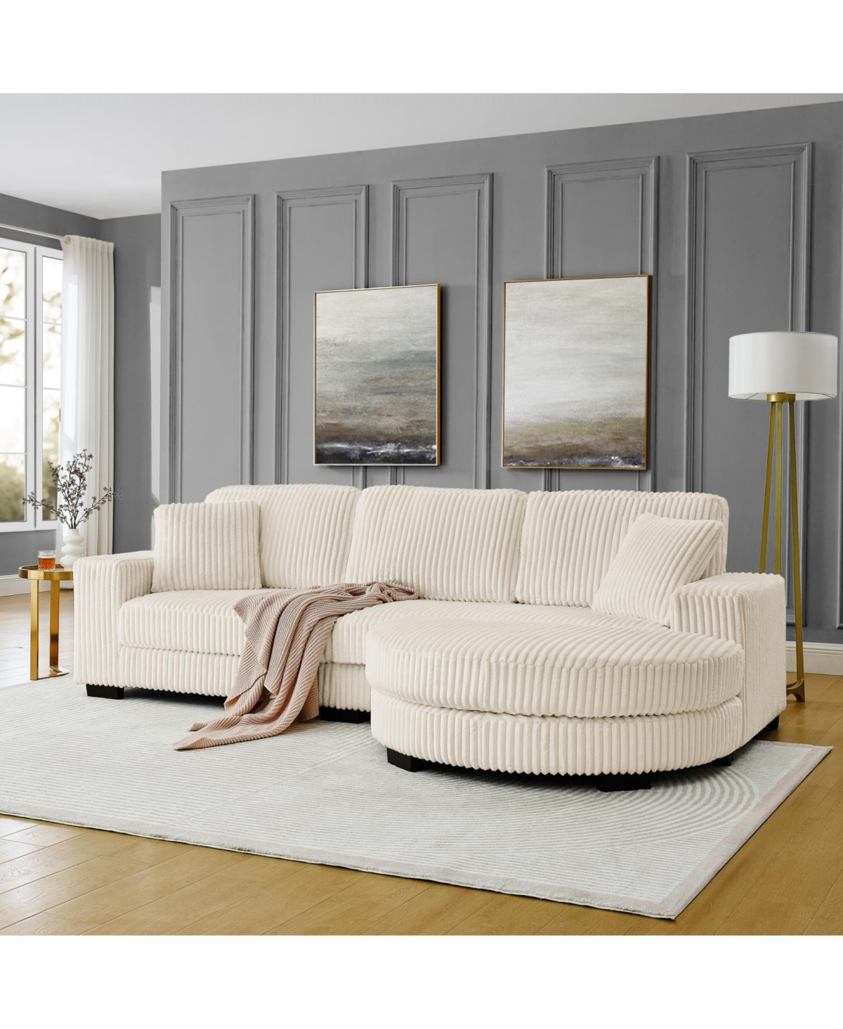 Streamdale Furniture Corduroy Tufted Sleeper Sectional Sofa - L-Shaped Modular - Beige