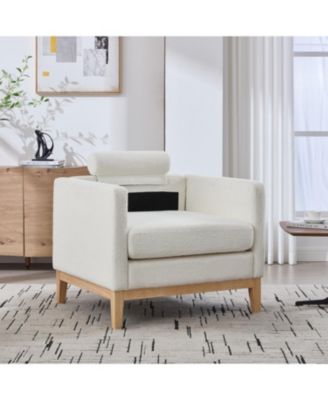 35.4" Wide Ivory Boucle Accent Chair with Wood Legs