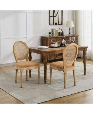 French Style Linen Rattan Dining Chairs, Set of 2, Tan