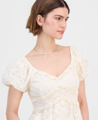 Juniors' Lace Puff-Sleeve Babydoll Top