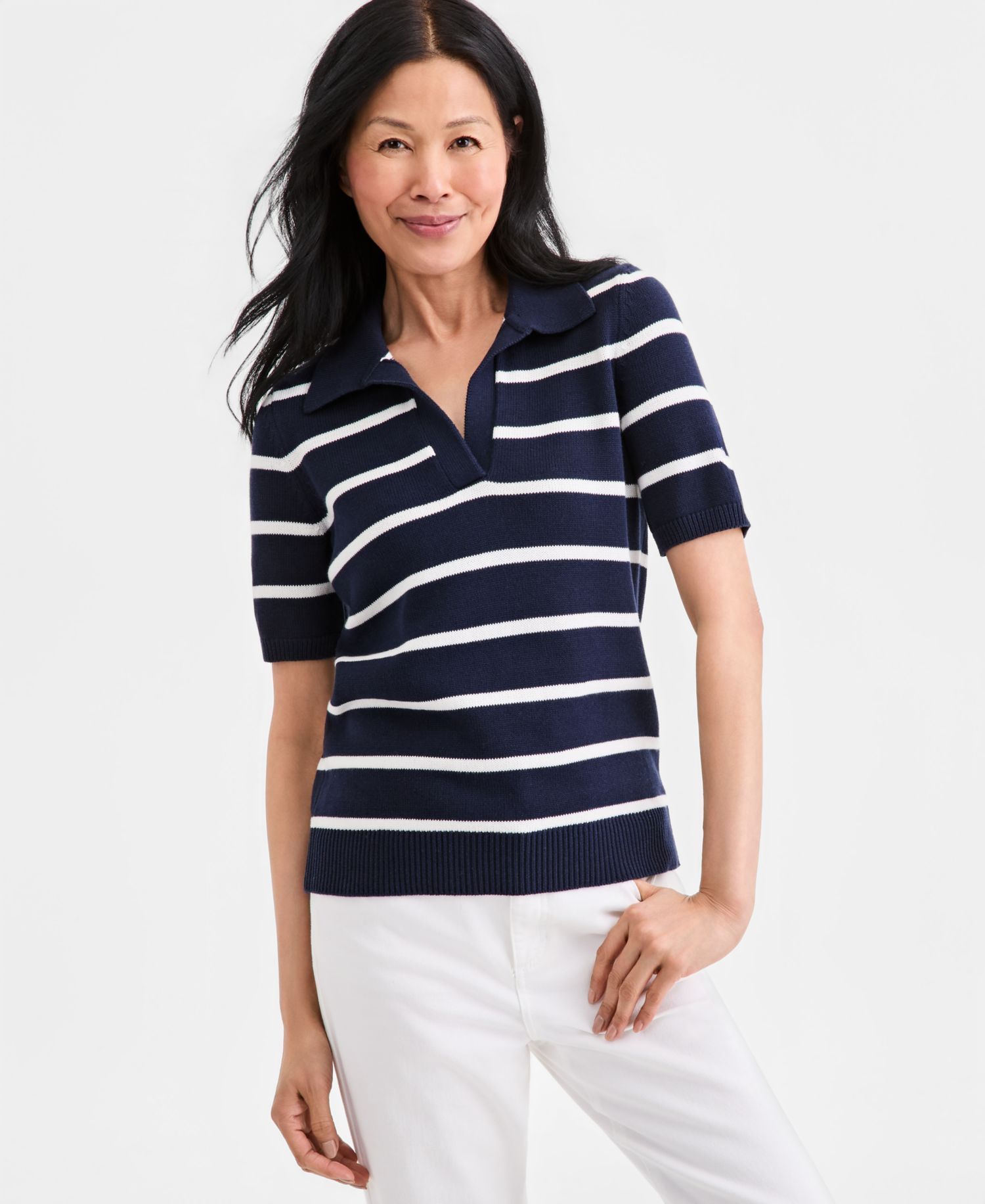 Petite Striped Cotton Elbow-Sleeve Johnny Collar Sweater