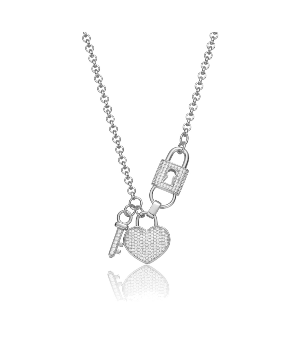 Genevive Teens Sterling Silver Clear Cz Heart & Padlock Charm Necklace - White