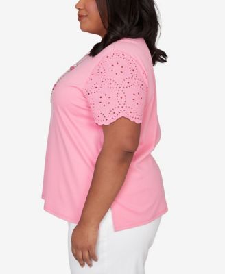 Plus Size Classic Solid Eyelet Sleeve T-Shirt with Necklace