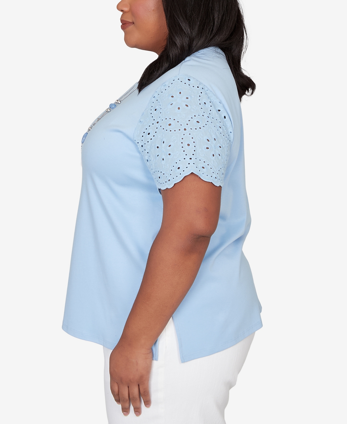 Alfred Dunner Plus Size Classic Solid Eyelet Sleeve T-Shirt with Necklace