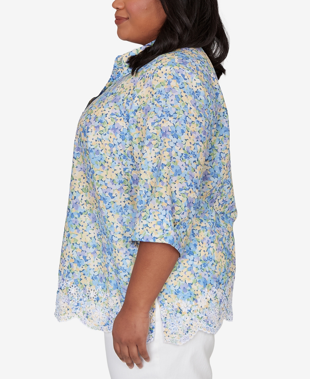 Alfred Dunner Plus Classic Embroidered Floral Border Button Down Top