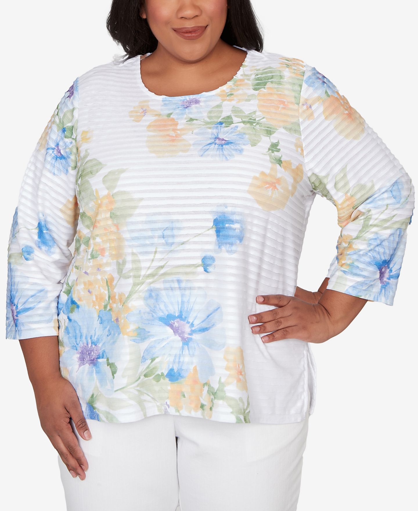 Женский топ Alfred Dunner Plus Size Classic Placed Floral Stripe, цвет: Разноцветный жёлтый — фото 1