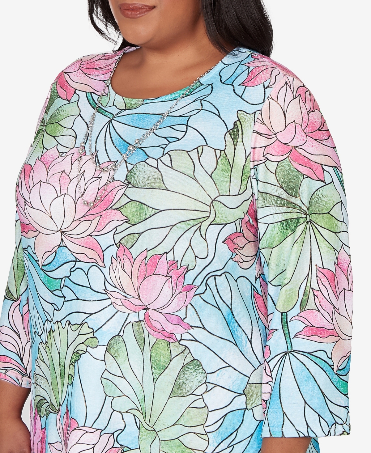 Alfred Dunner Plus Classic Stained Glass Floral Print Top with Necklace