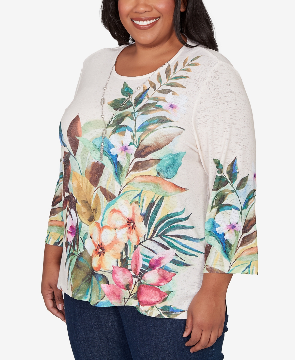 Alfred Dunner Plus Classic Tropical Print Top with Necklace