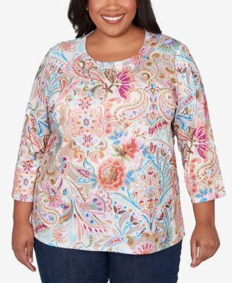 Plus Size Classic Paisley Floral Pleated Neck Top