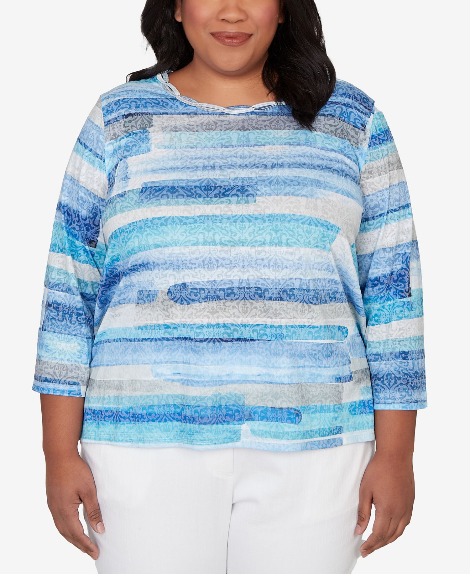 Plus Size Classic Brushstroke Biadere Embellished Neck Top
