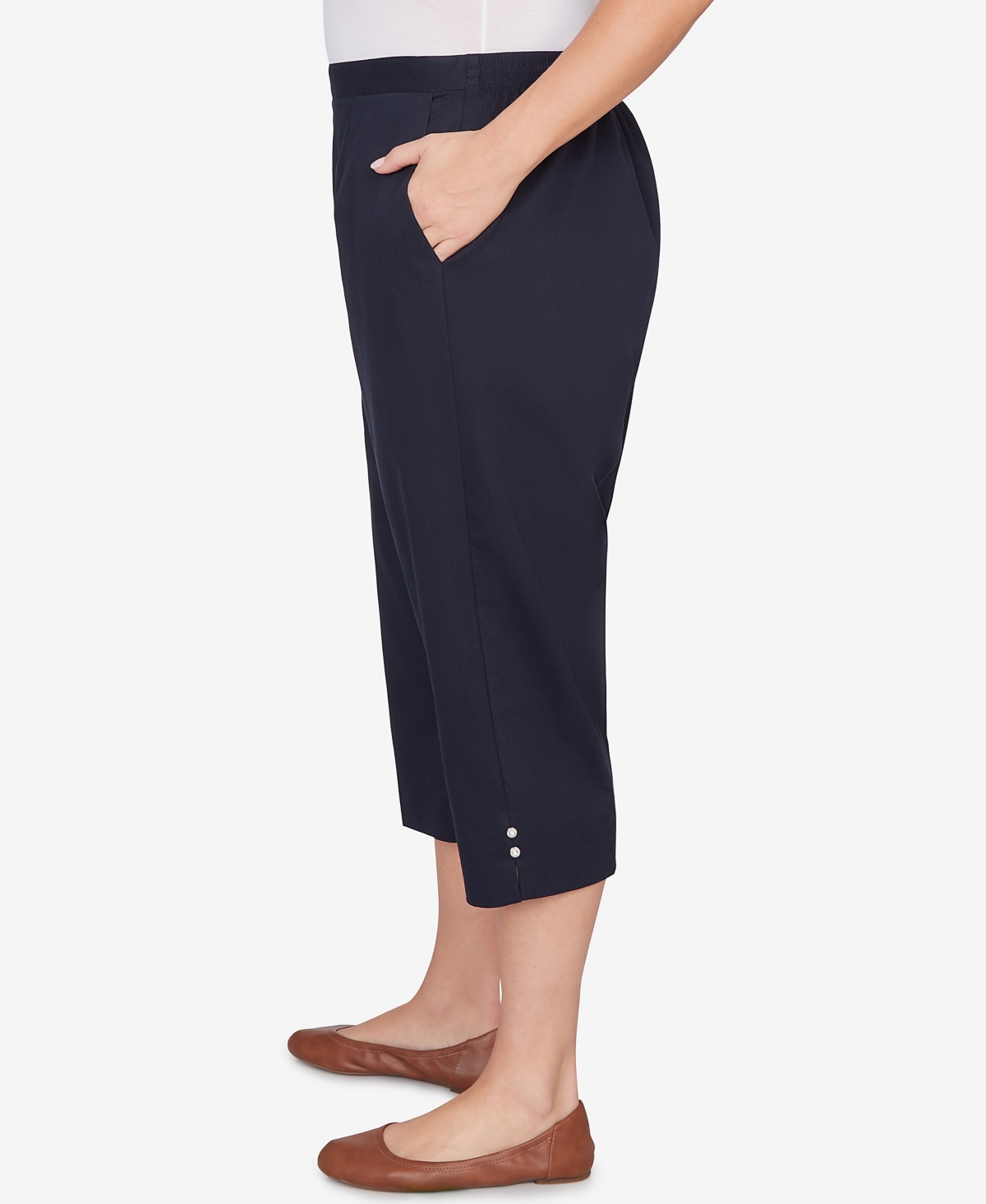 Alfred Dunner Plus Classic Solid Twill Button Hem Capri Pants