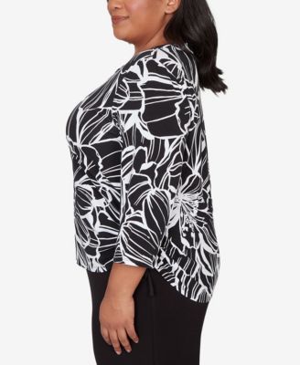 Plus Size Classic Floral Linework Side Tie Ruched Top