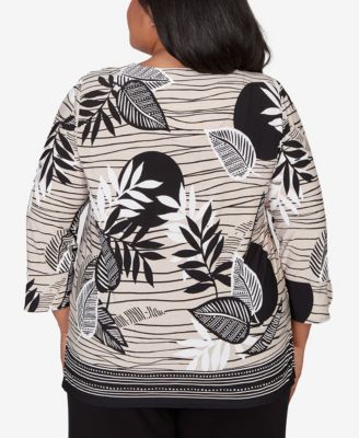 Plus Size Classic Tropical Leaf Border Print Split Neck Top