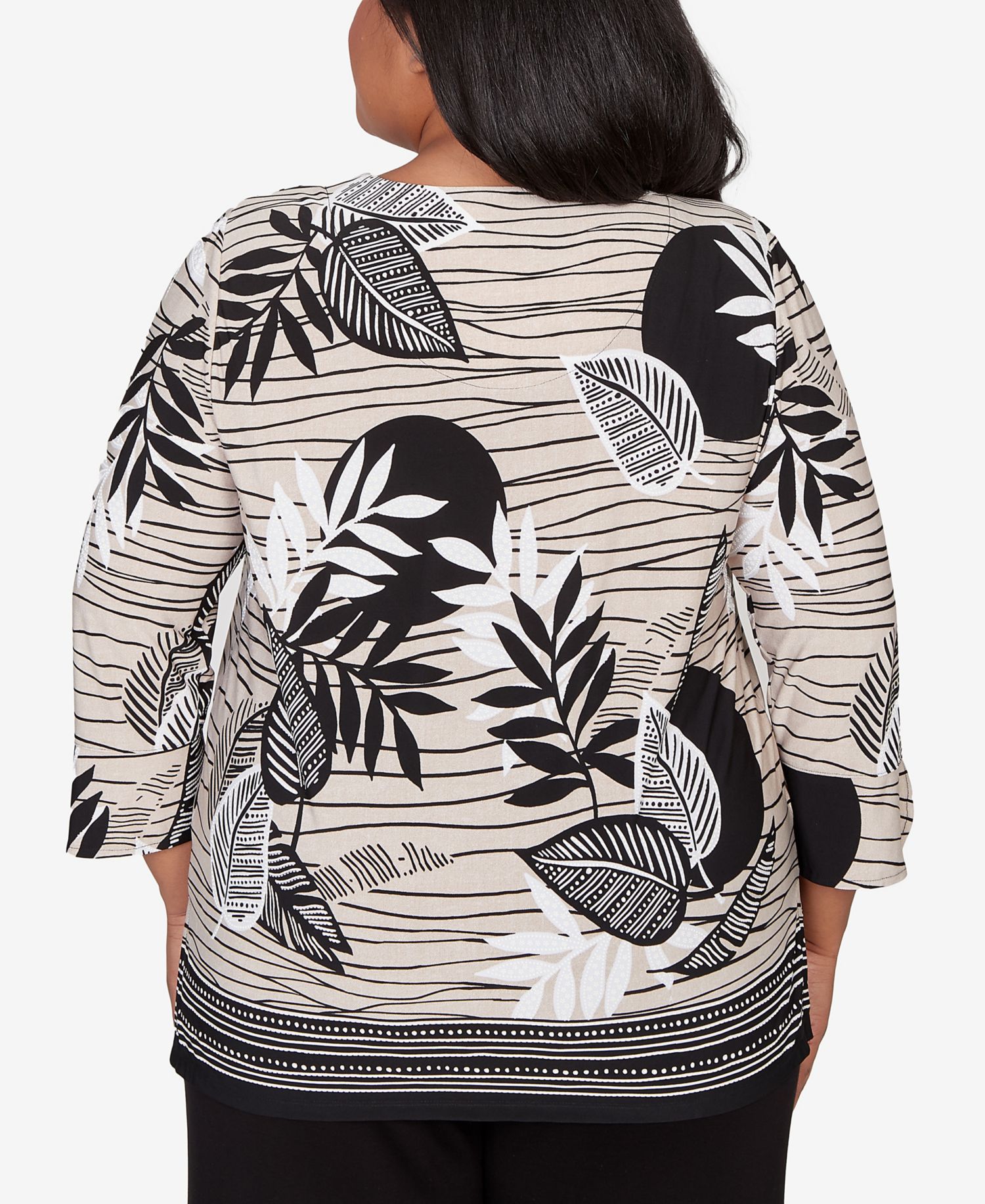 Plus Size Classic Tropical Leaf Border Print Split Neck Top