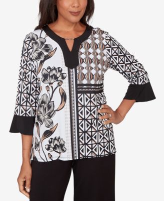 Plus Size Classic Floral Geo Patchwork Split Neck Top