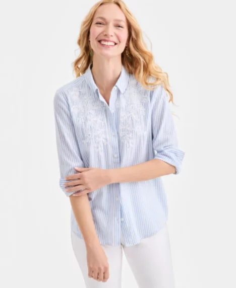 Petite Collared Neck Embroidered Detail Shirt - Blue Stripe