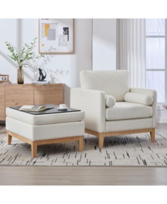  35.4" Farmhouse Upholstered Accent Chair with Ottoman & Coffee Table