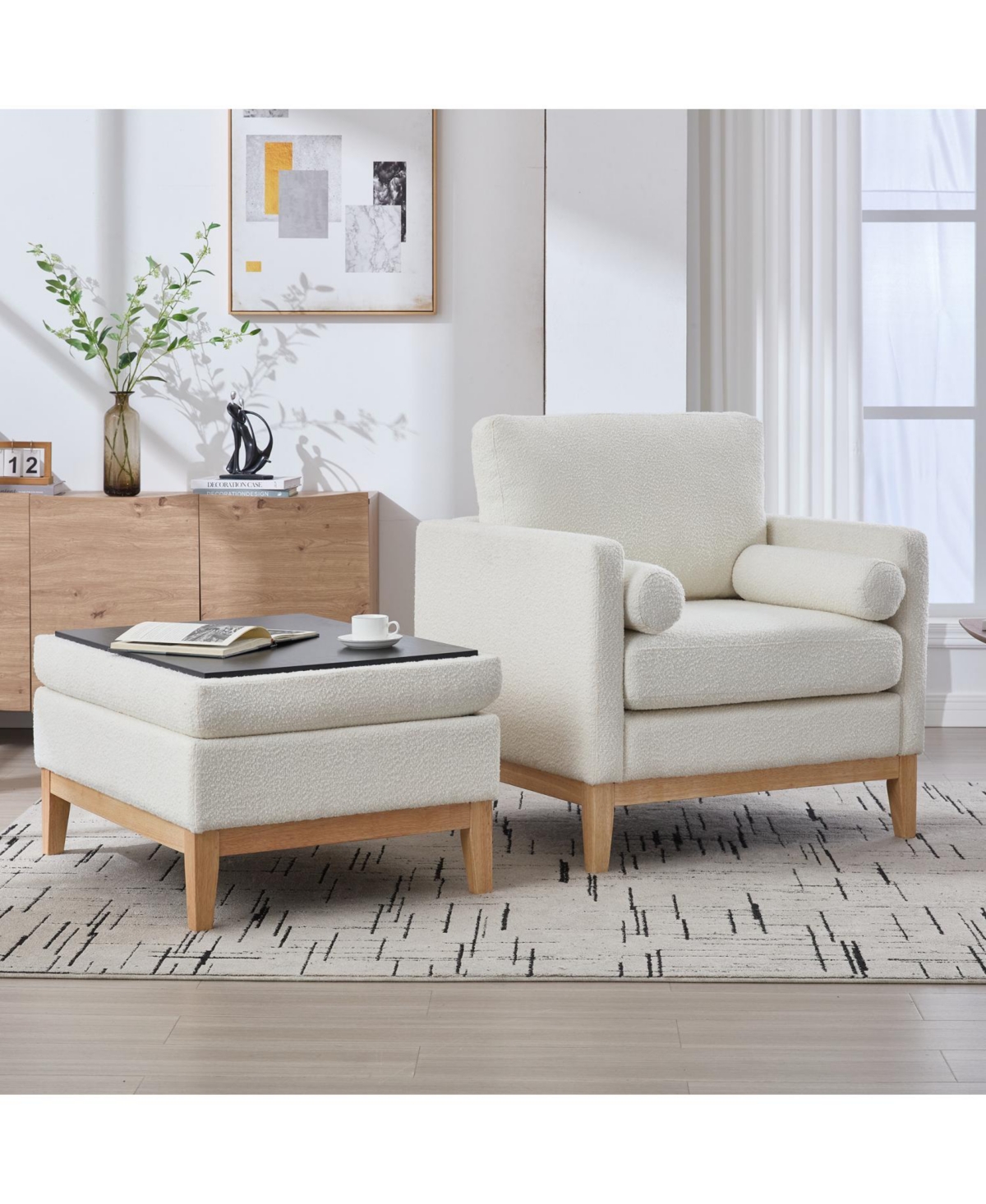 Streamdale Furniture 35.4" Farmhouse Upholstered Accent Chair with Ottoman & Coffee Table